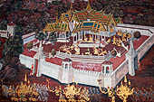 Detail of 'Ramakien' mural painting  - temple of the Emerald Buddha, Bangkok . Architectural elements in the panels are adapted from the real palaces and temples of the capital. 